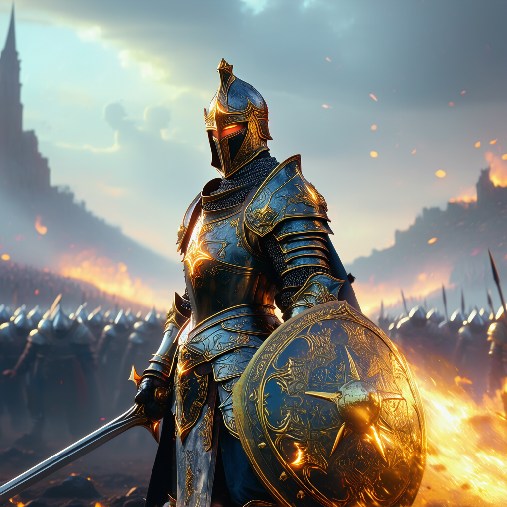 Depict a heroic paladin man, with a shield and a glowing sword, standing against a horde of demons